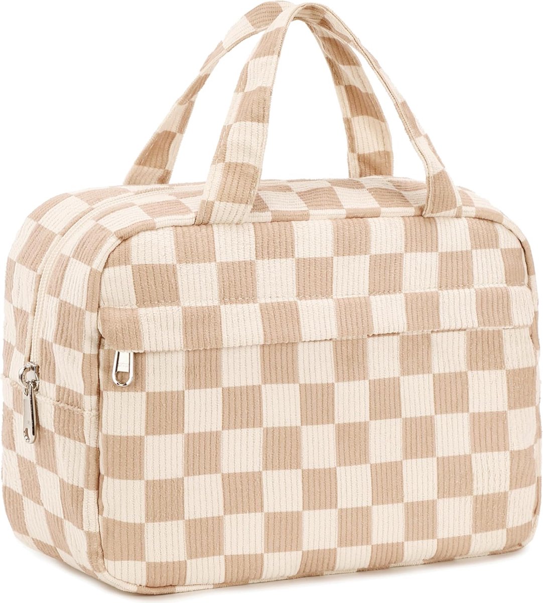 Make-uptas - reis-make-uptas - sieradenetui - set - draagbare corduroy tas - sieradenbox - organizer voor vrouwen en meisjes - Bruine wit rooster