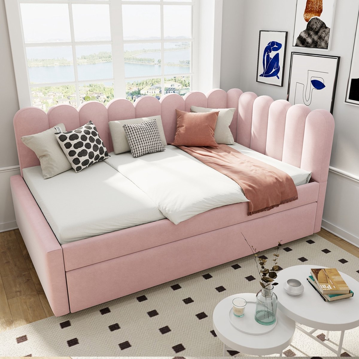 Komhtom L-vormige gestoffeerde bedbank, slaapbank 140x200 cm met bloemenrugleuning en uitschuifbaar bed in roze fluweel