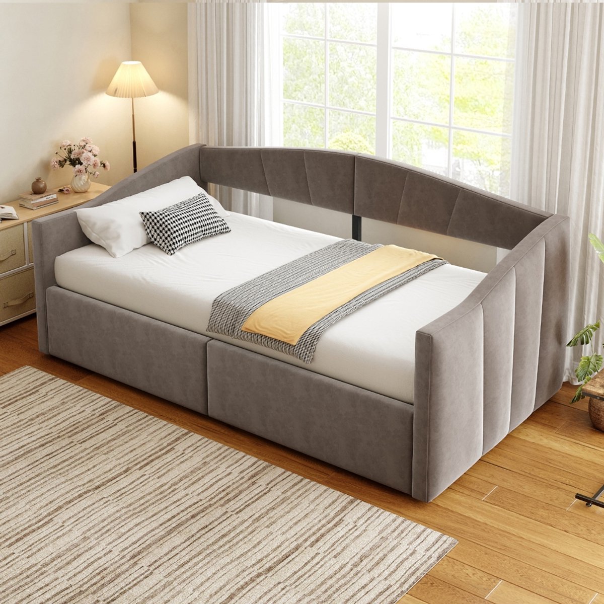 Komhtom Opklapbaar gestoffeerd bed 90*200 cm, met hydraulische vering, lattenbodem en armleuningen, klassieke strepen, multifunctioneel eenpersoonsbed, huidvriendelijke fluweelstof, grijs