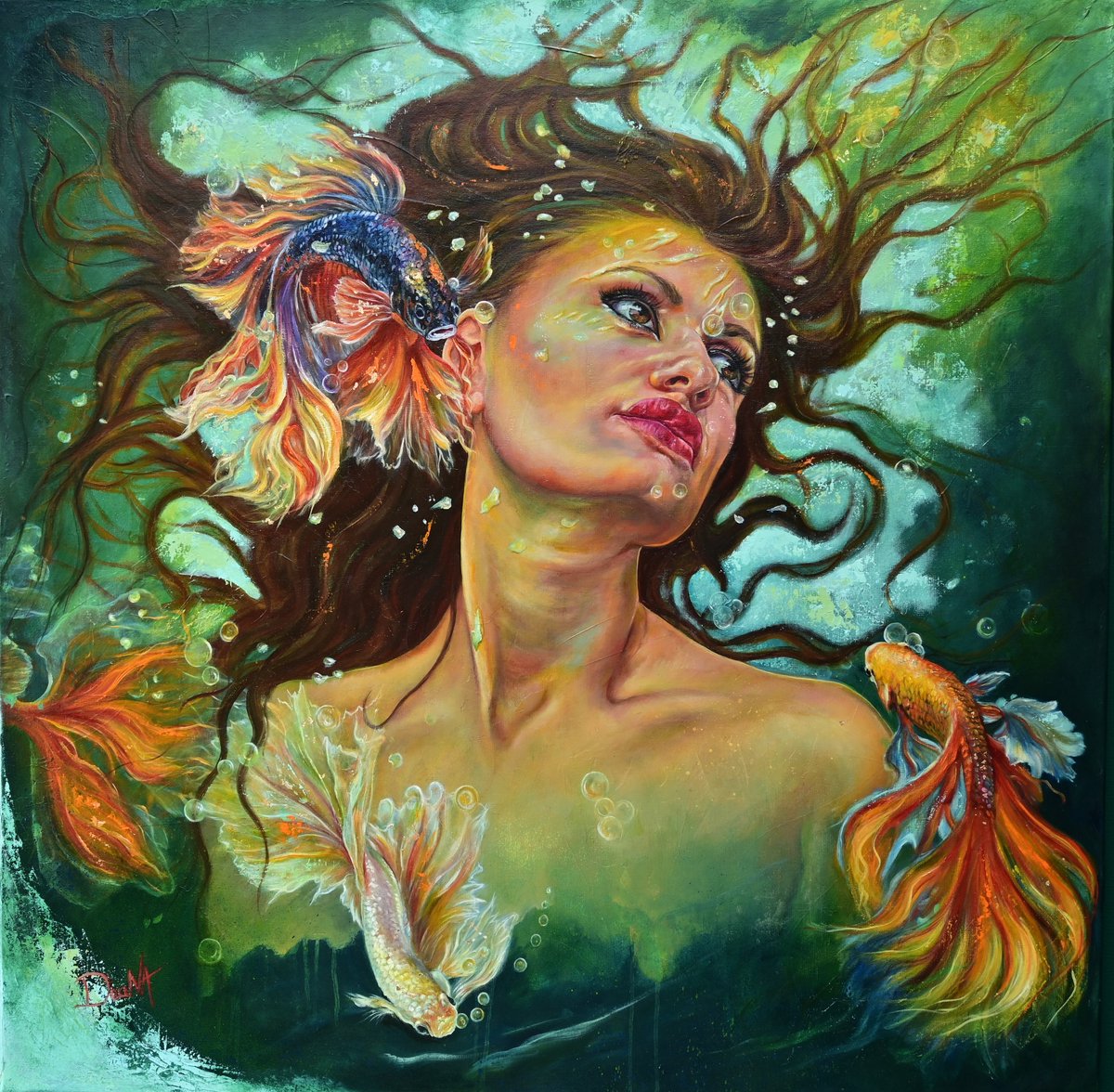 Canvas schilderij - Vrouwenportret met Goudvissen - Spirituele Kunst & Symboliek - 120 x 120 cm. - myDeaNA