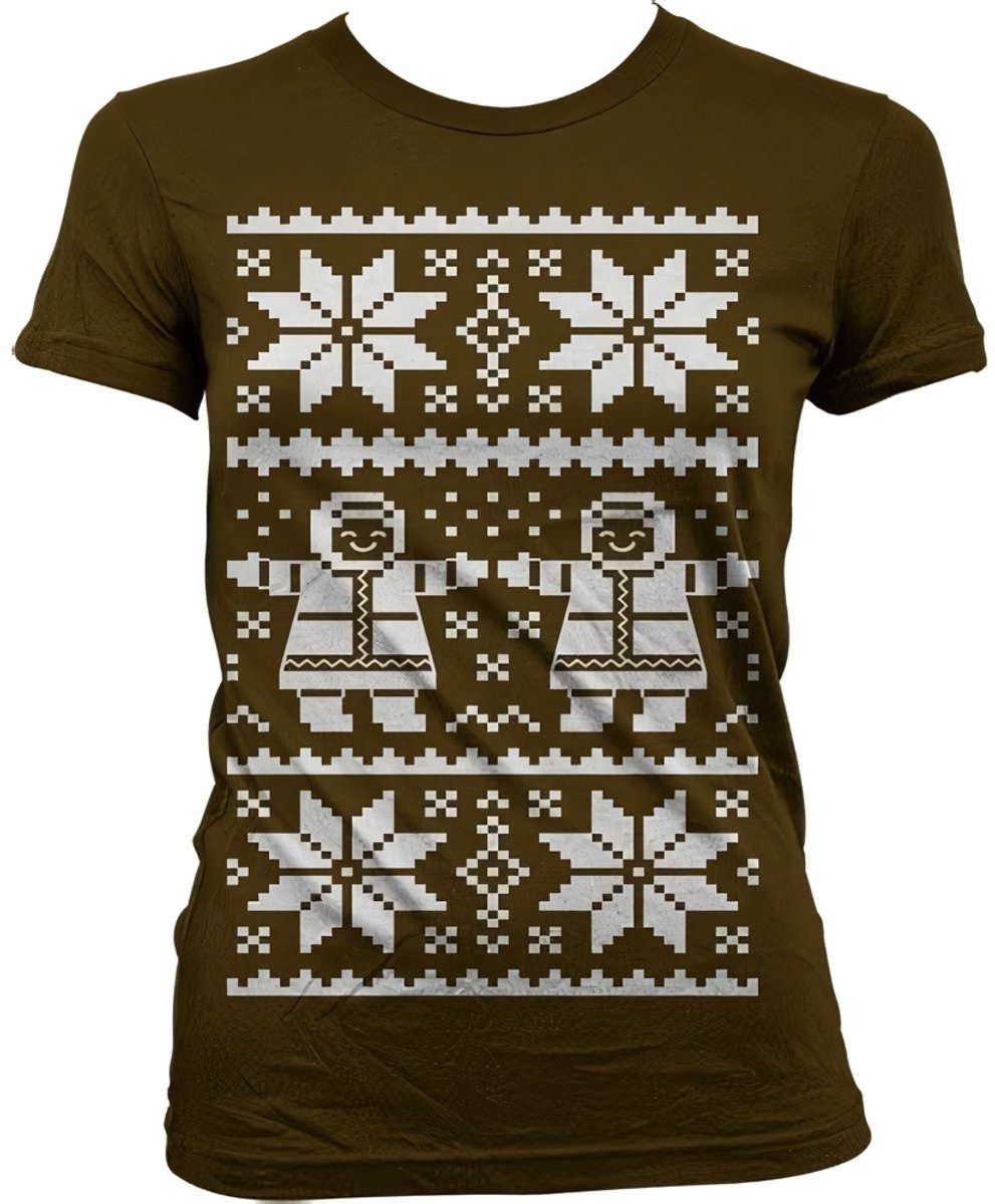 Dames Fun Tshirt -L- Retro X-Mas Knit Pattern Bruin
