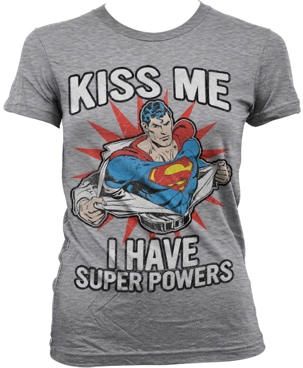 Superman Kiss Me I Have Super Powers Girly T-Shirt Damen Heather-Grey-M