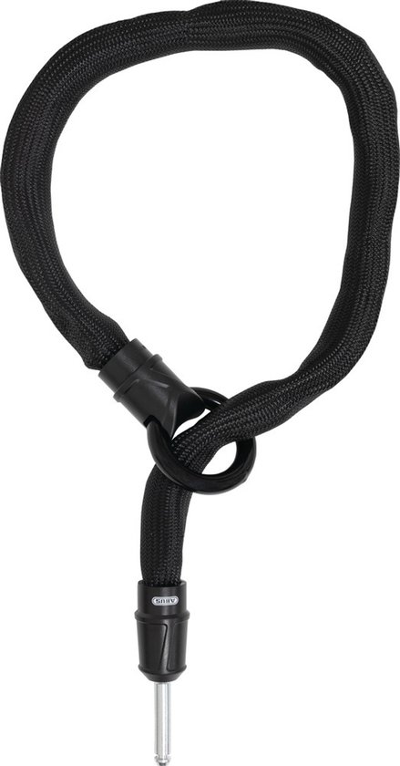 Zwarte lusvormige ketting met een ABUS-sluiting, geïsoleerd op een witte achtergrond.
