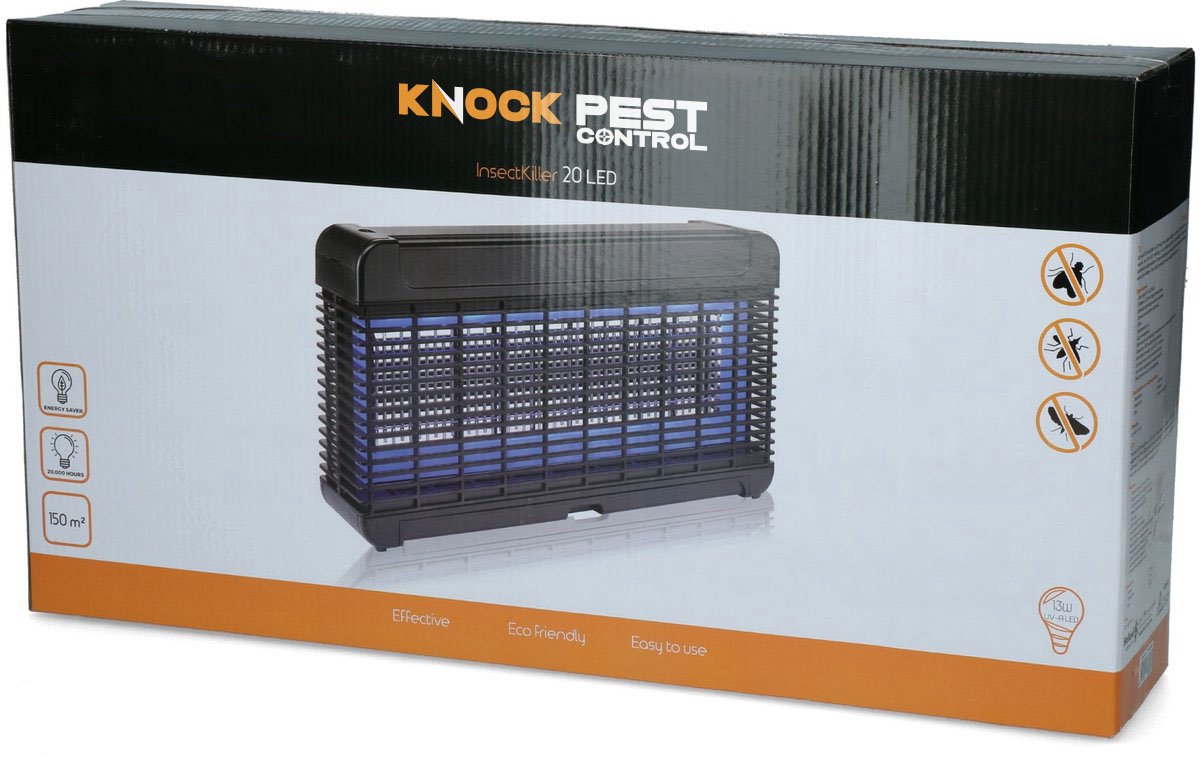 Knock Pest Control Insectenlamp - 47 x 26.3 x 10 cm - UV-A LED en Elektrocutierooster - Vangstbereik 150 m2 - Gifvrije Muggenlamp