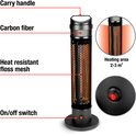 Zwarte staande infrarood heater met labels voor draaghendel, koolstofvezel, hittebestendig gaas en aan/uit schakelaar.
