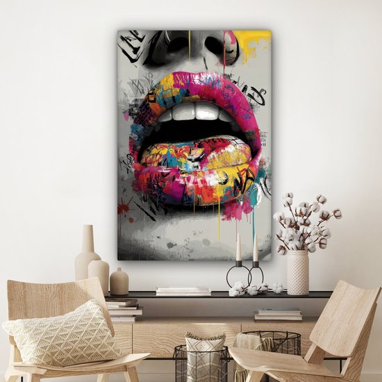 Canvas schilderij 80x120 cm - Wanddecoratie Lippen - Graffiti - Expressief - Muurdecoratie woonkamer - Slaapkamer decoratie - Kamer accessoires - Schilderijen op canvas