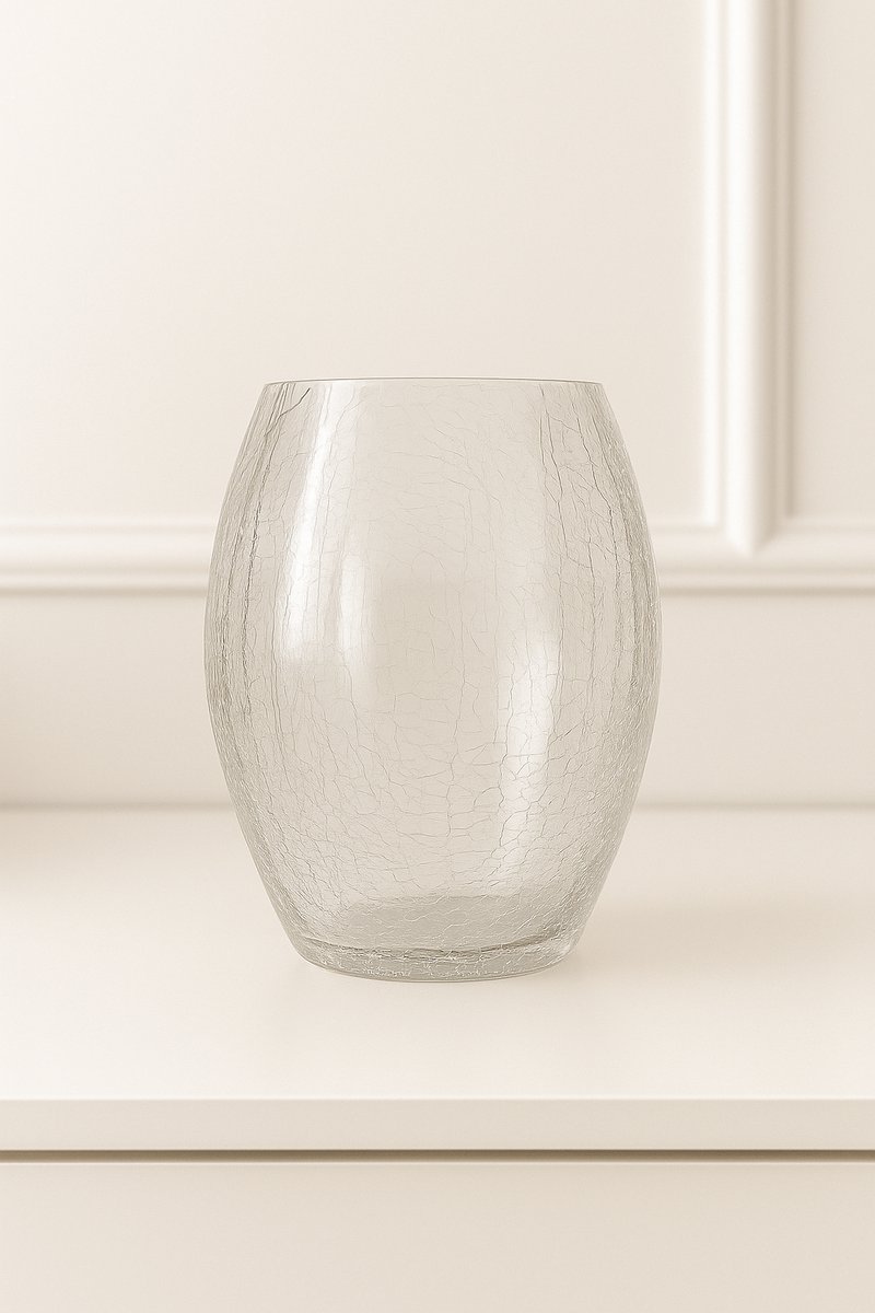 Mevaz Glazen Vaas Transparant – Ø14 x 25 cm – Moderne Design Vaas met Crackle Effect – Decoratieve Bloemenvaas voor Tafeldecoratie, Woonkamer of Interieur