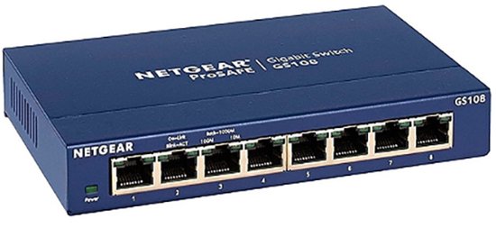 Hoekweergave van een blauwe Netgear ProSafe 8-poorts Gigabit Switch GS108 met 8 ethernetpoorten.