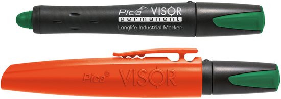 Zwarte Pica Visor permanente stift met groene dop, met oranje dop ernaast.