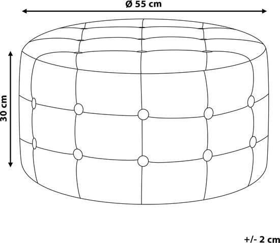 Afmetingen van de ronde poef: 55 cm breed en 30 cm hoog.