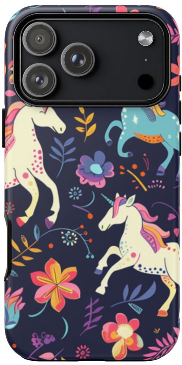 Kleurrijke Eenhoorns en Bloemenpatroon – Telefoonhoesje Geschikt voor iPhone 17 Pro Max