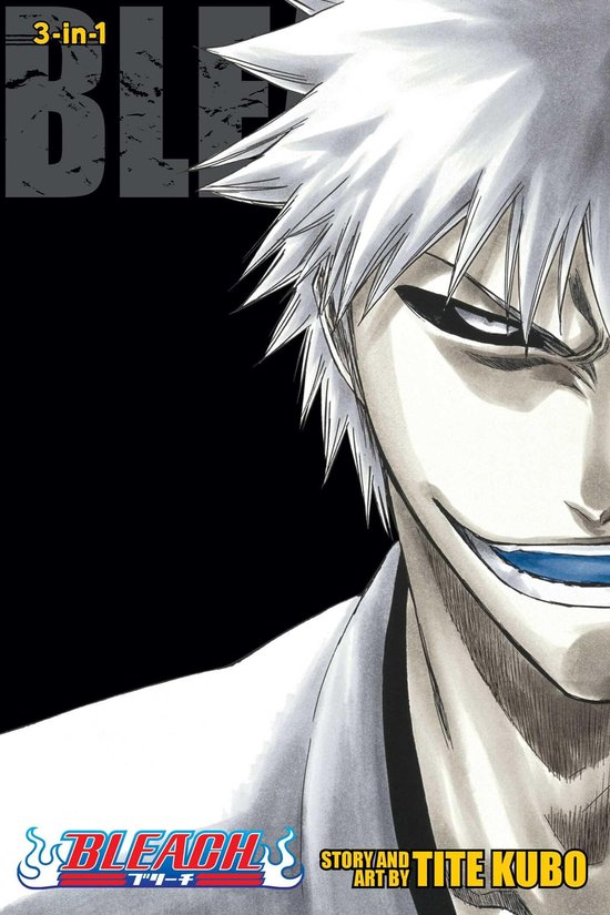 Couverture de livre avec un personnage d'anime aux cheveux blancs et un large sourire. "BLEACH" 3-en-1.