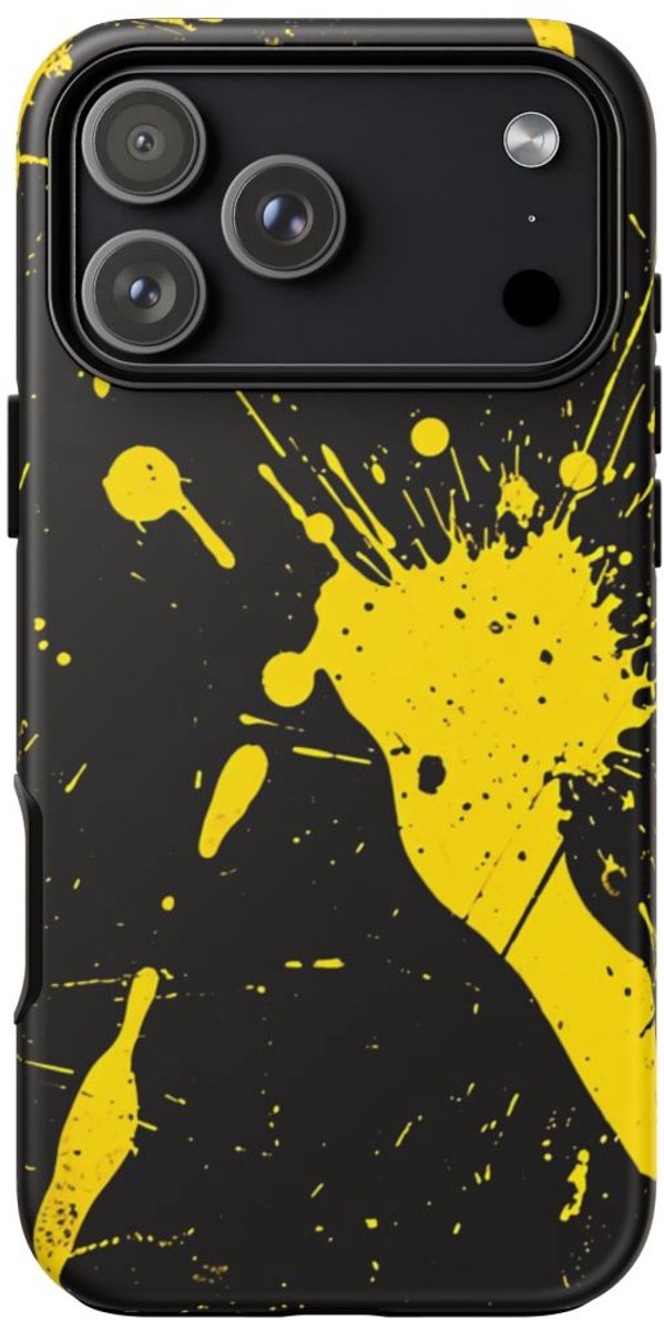 Gele Verfspatten op Zwarte Achtergrond – Telefoonhoesje Geschikt voor iPhone 17 Pro Max