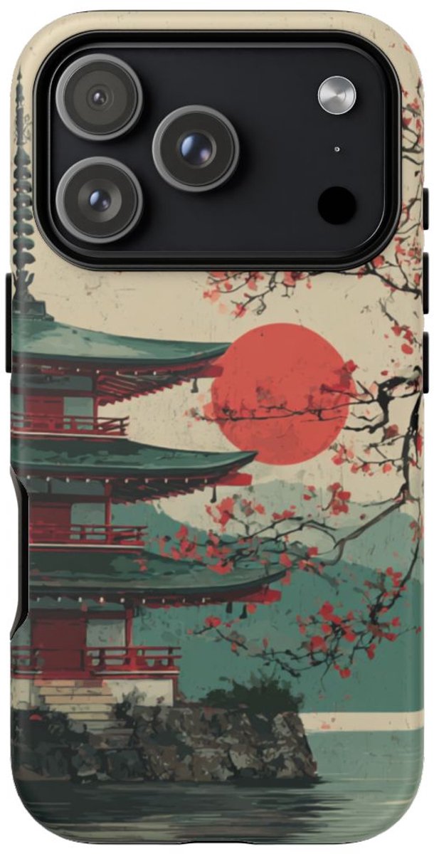 Pagode met Kersenbloesems en Rode Zon – Telefoonhoesje Geschikt voor iPhone 17 Pro