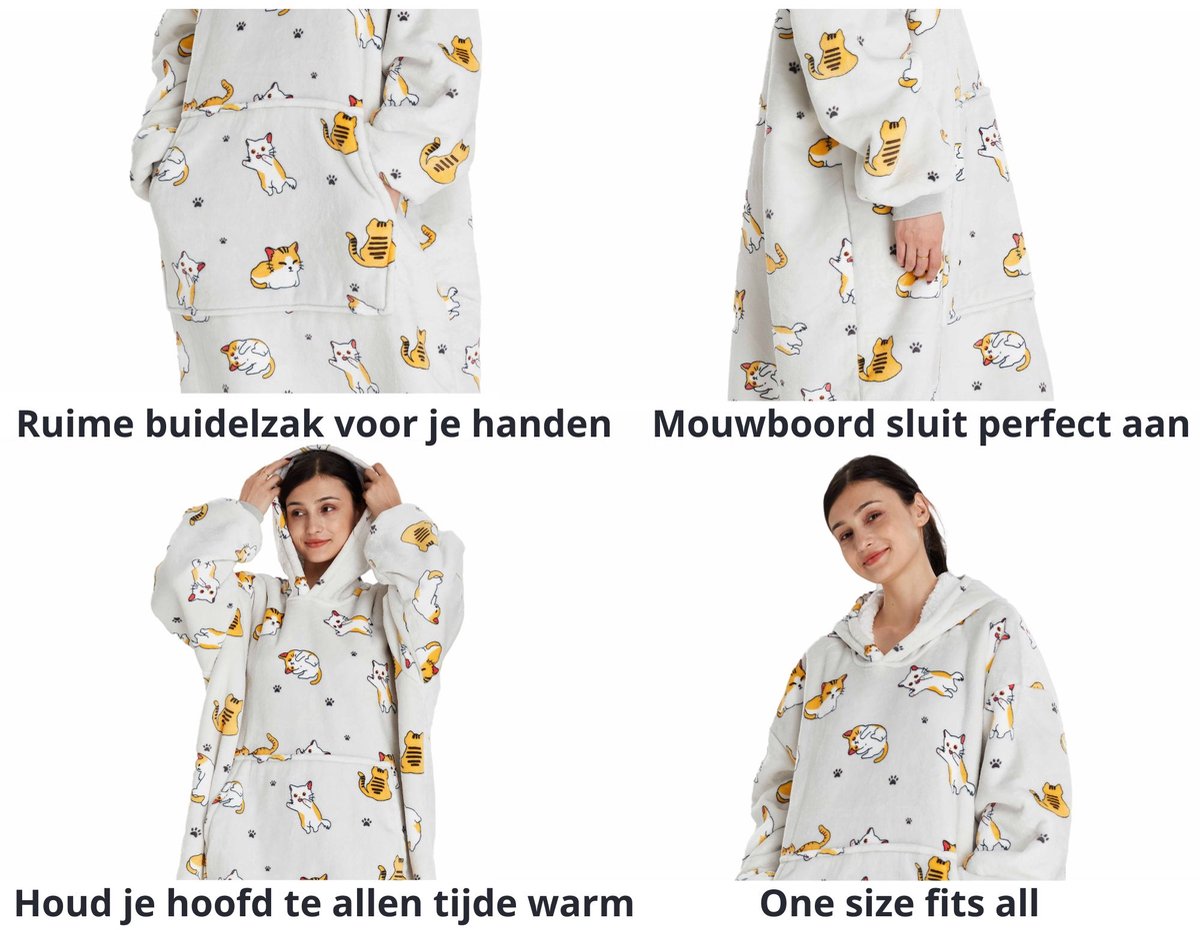 Q-Living Hoodie Deken - Extra Lang & Dik - Plaid Met Mouwen - Snuggle Hoodie - Fleece Deken Met Mouwen - Kat Extra Lang — cadeau in Wonen & Interieur - foto 3