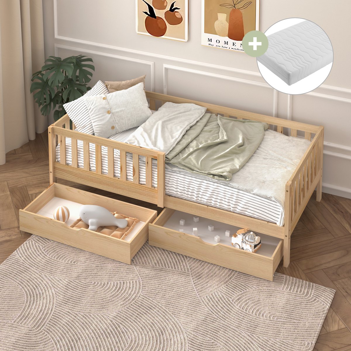 Sunny Isa Kinderbed – Met 2 Opberglades – Kajuitbed met Uitvalbeveiliging - 206 x 98 cm – Peuterbed Meisjes en Jongens – FSC 100% Hout – Met Lattenbodem – Inclusief Matras – Naturel