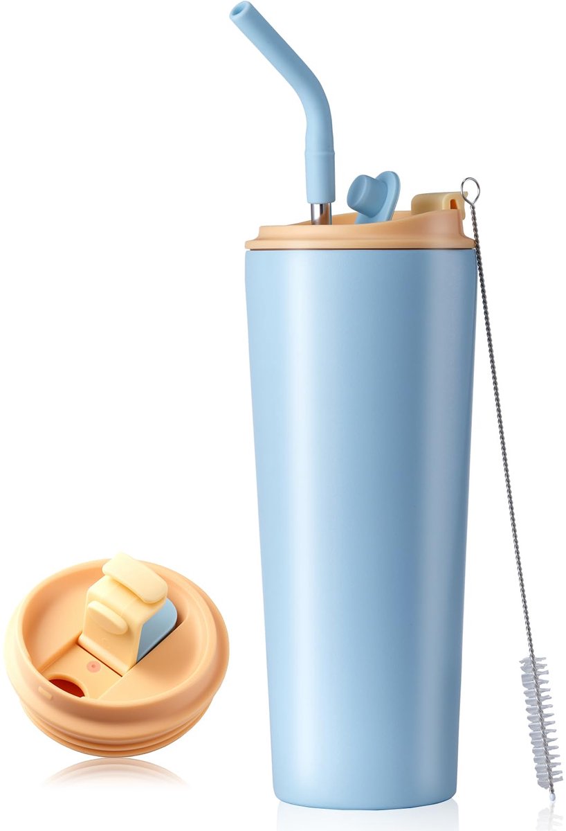 Ibenzoa® Roestvrijstalen thermobeker met rietje, ideaal voor warme en koude dranken