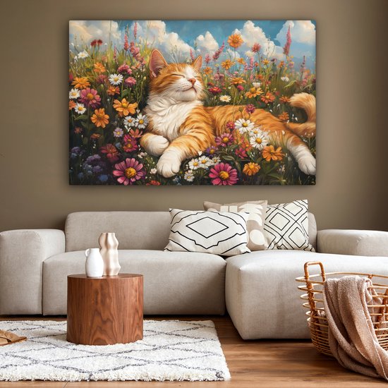 Tableau sur toile 180x120 cm - Décoration murale exclusive Chat - Fleurs - Relax - Décoration murale salon - Décoration chambre - Accessoires chambre - Peintures sur toile