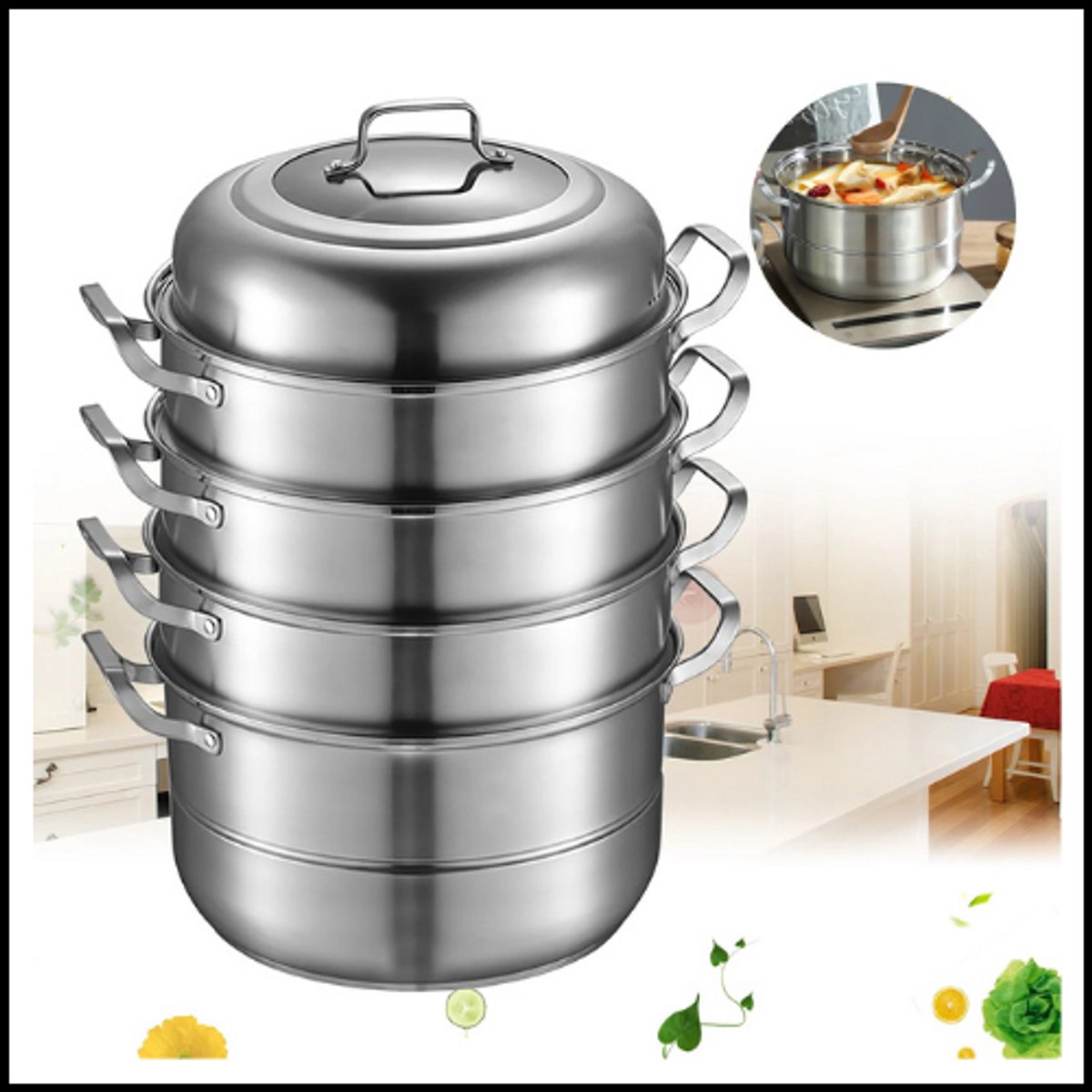 Stoompan 5-laags - RVS 304 - 9L Capaciteit - Voor Gas & Inductie - Inclusief Deksel - Multifunctionele Stomer - Gezond Koken - Duurzaam & Hittebestendig - Keukenpan met 3 Stoominzetten