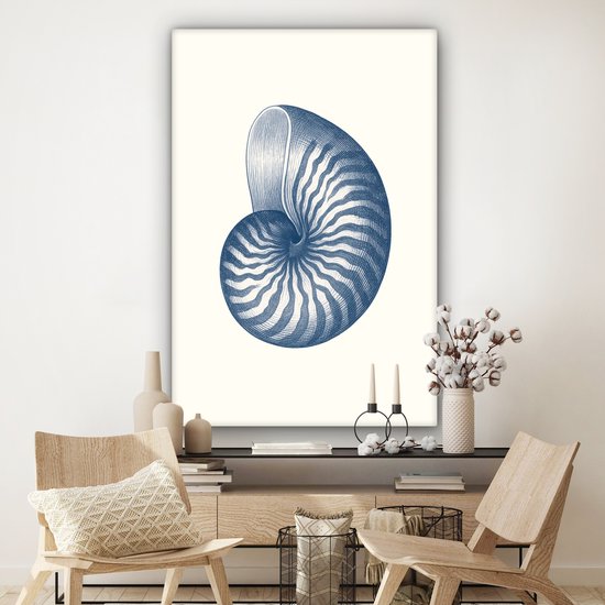 Canvas schilderij 120x180 cm - Exclusieve wanddecoratie Blauw - Schelp - Spiraal - Muurdecoratie woonkamer - Slaapkamer decoratie - Kamer accessoires - Schilderijen op canvas