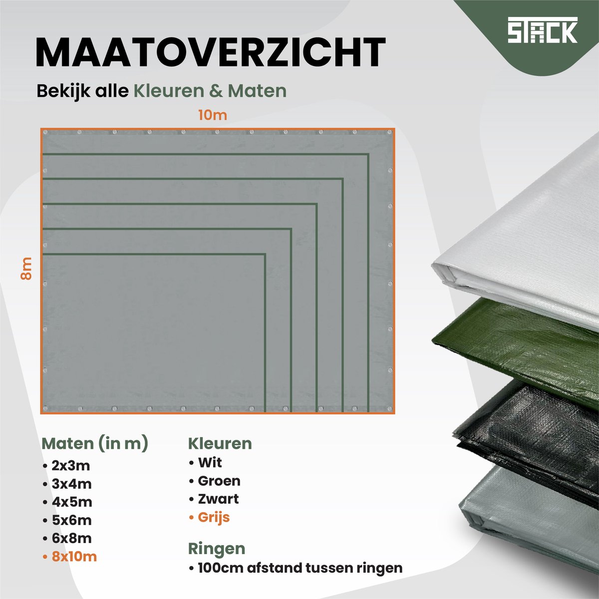 STACK® Extra Sterk Afdekzeil - 8x10m - Grijs - 150G/M2 - Waterdicht Bouwzeil & Zeildoek - Zeil Met Ringen - Beschermhoes & Afdekhoes voor Zwembad,Tuin Set,Motor,Scooter,Fietsen,Aanhangwagen,Scootmobiel,BBQ accesoires - Auto Hoes Bescherming — afbeelding 6