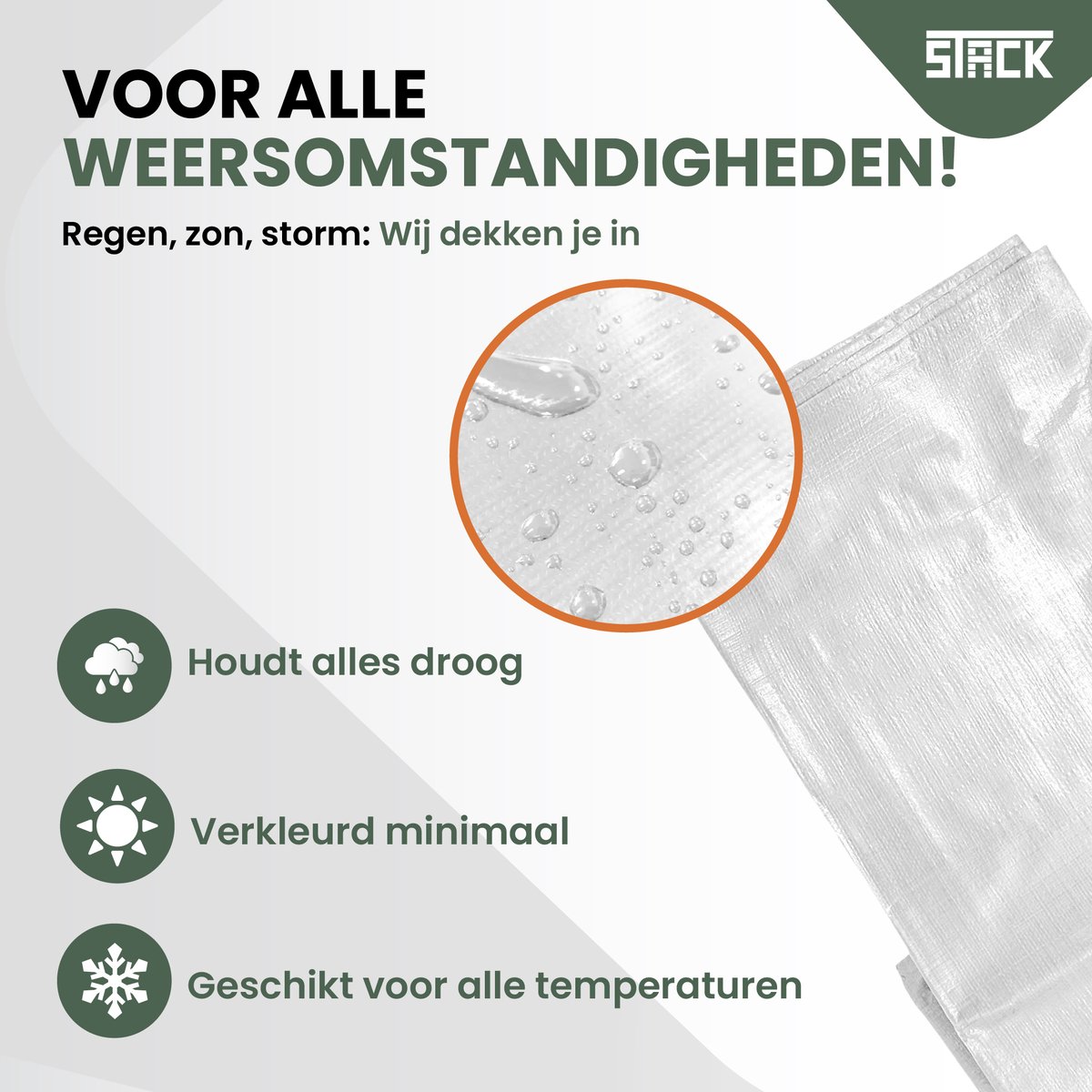STACK® Extra Sterk Afdekzeil - 8x10m - Wit - 150G/M2 - Waterdicht Bouwzeil & Zeildoek - Zeil Met Ringen - Beschermhoes & Afdekhoes voor Zwembad,Tuin Set,Motor,Scooter,Fietsen,Aanhangwagen,Scootmobiel,BBQ accesoires - Auto Hoes Bescherming — afbeelding 3