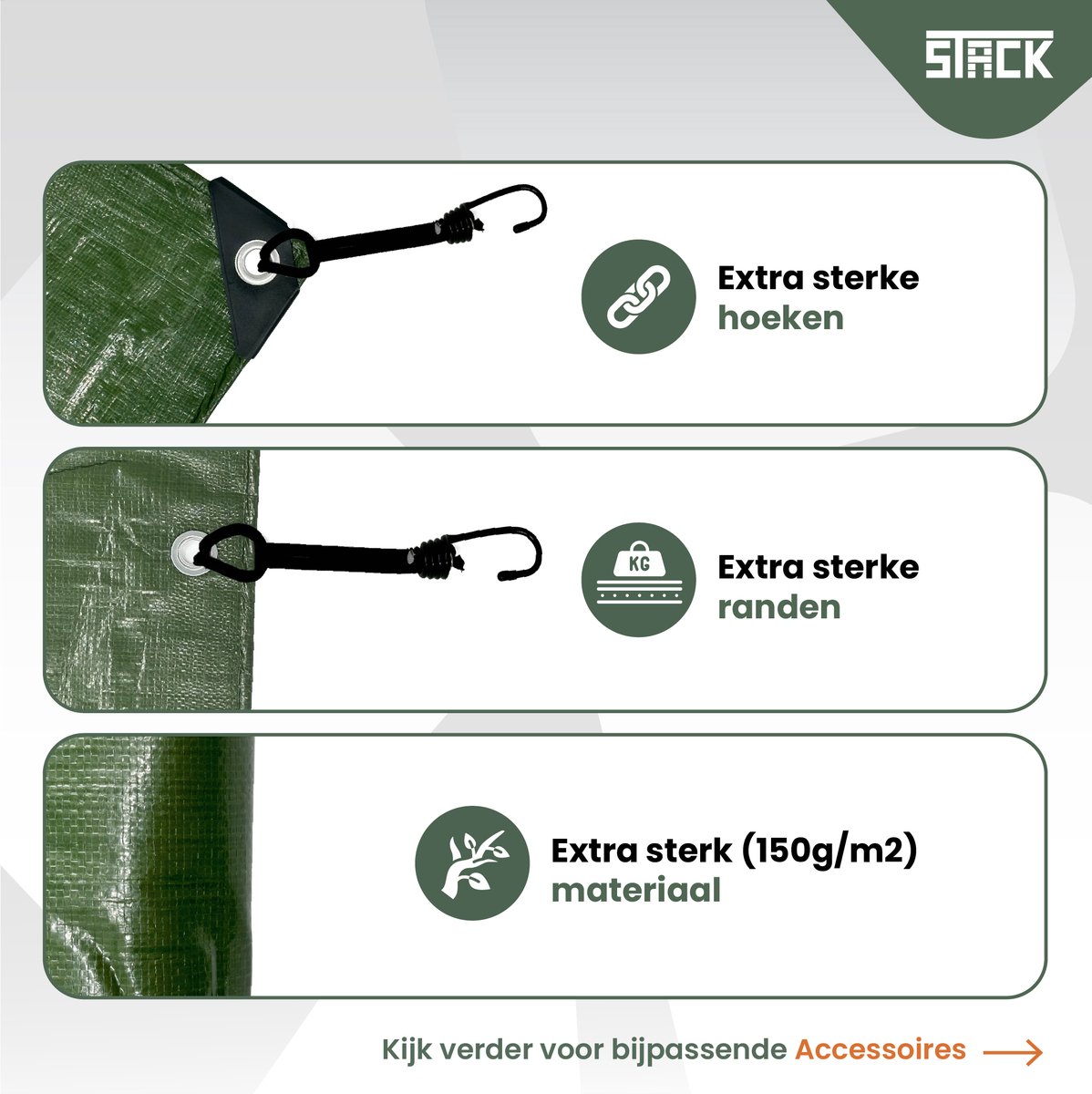 STACK® Extra Sterk Afdekzeil - 8x10m - Donker Groen - 150G/M2 - Waterdicht Bouwzeil & Zeildoek - Zeil Met Ringen - Beschermhoes & Afdekhoes voor Zwembad,Tuin Set,Motor,Scooter,Fietsen,Aanhangwagen,Scootmobiel,BBQ accesoires - Auto Hoes Bescherming — afbeelding 4