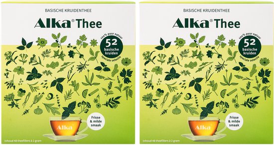 Twee Alka Thee pakken met groene en gele print van kruiden, met afbeelding van kopje thee.