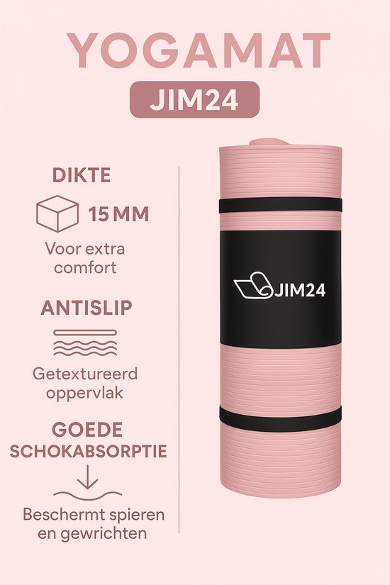 Jim24 Yoga Mat - Yogamat Extra Dik - 15 mm - Fitness Mat - Sport Mat - Antislip - Slijtvast - Incl. Draagtas - DonkerZalm