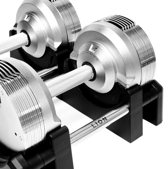 LION® TITANSILVER™ V5 Verstelbare Dumbbells – Set van 2 | 4 t/m 23,5 kg | Compact & Premium Gewichten