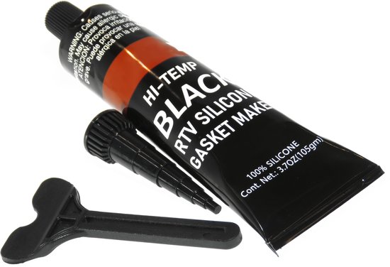 Zwarte tube met oranje band en "HI-TEMP BLACK RTV SILICONE GASKET MAKER" opdruk, met zwarte spuitmond en T-vormige applicator.