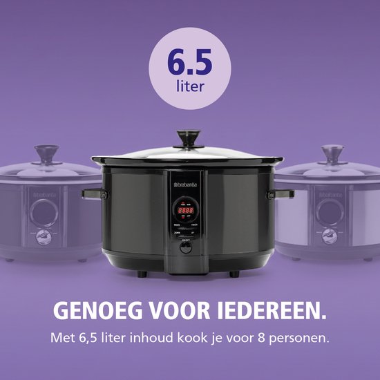 Drie zwarte Brabantia slowcookers op een paarse achtergrond, met indicatie van 6.5 liter inhoud.