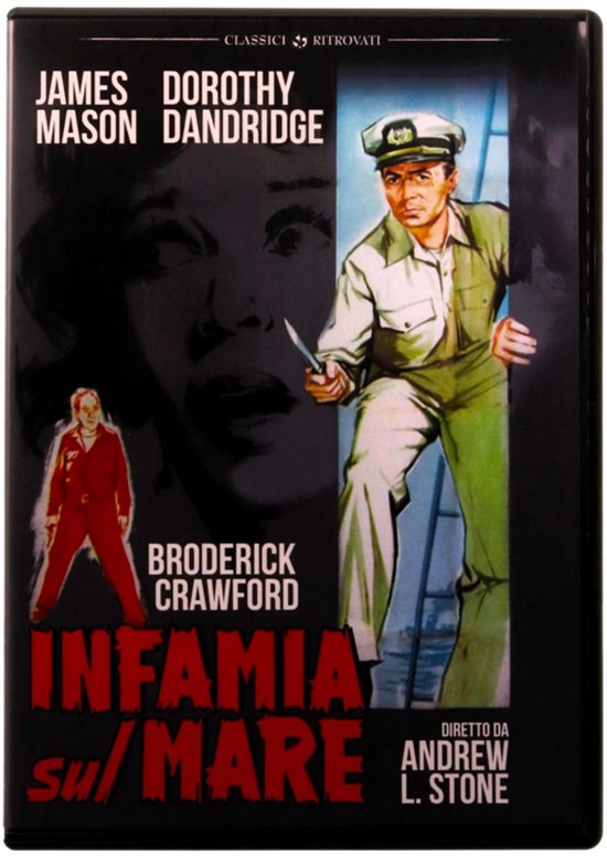 DVD hoes met filmtitel "INFAMIA SUL MARE". Een man in uniform met een mes, een vrouw op de achtergrond.