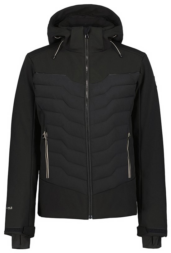 Zwarte softshell jas met doorgestikt, gewatteerd voorpand, reflecterende biezen en capuchon.