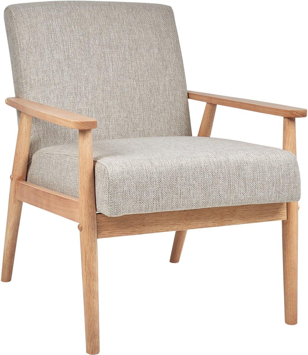 ESRUM - Fauteuil - Grijs/Lichtbruin - Polyester/Rubberhout