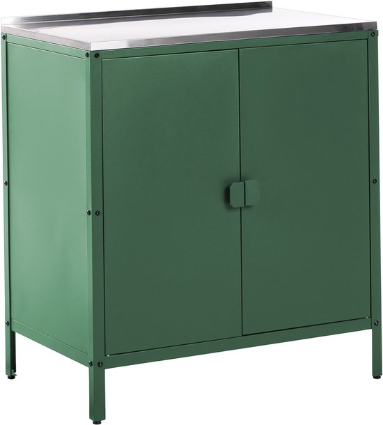 Armoire verte en métal avec dessus en acier inoxydable, double porte et quatre pieds.