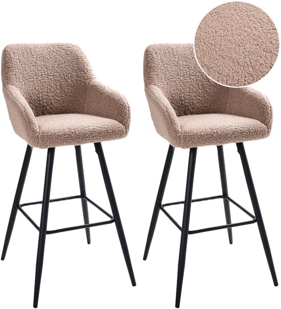 Deux tabourets de bar taupe en tissu bouclé avec pieds noirs, avec agrandissement du tissu.