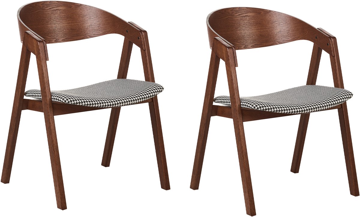 Beliani YUBA - Eetkamerstoel set van 2 - Lichthout/Pied-de-poule - Polyester Bruin