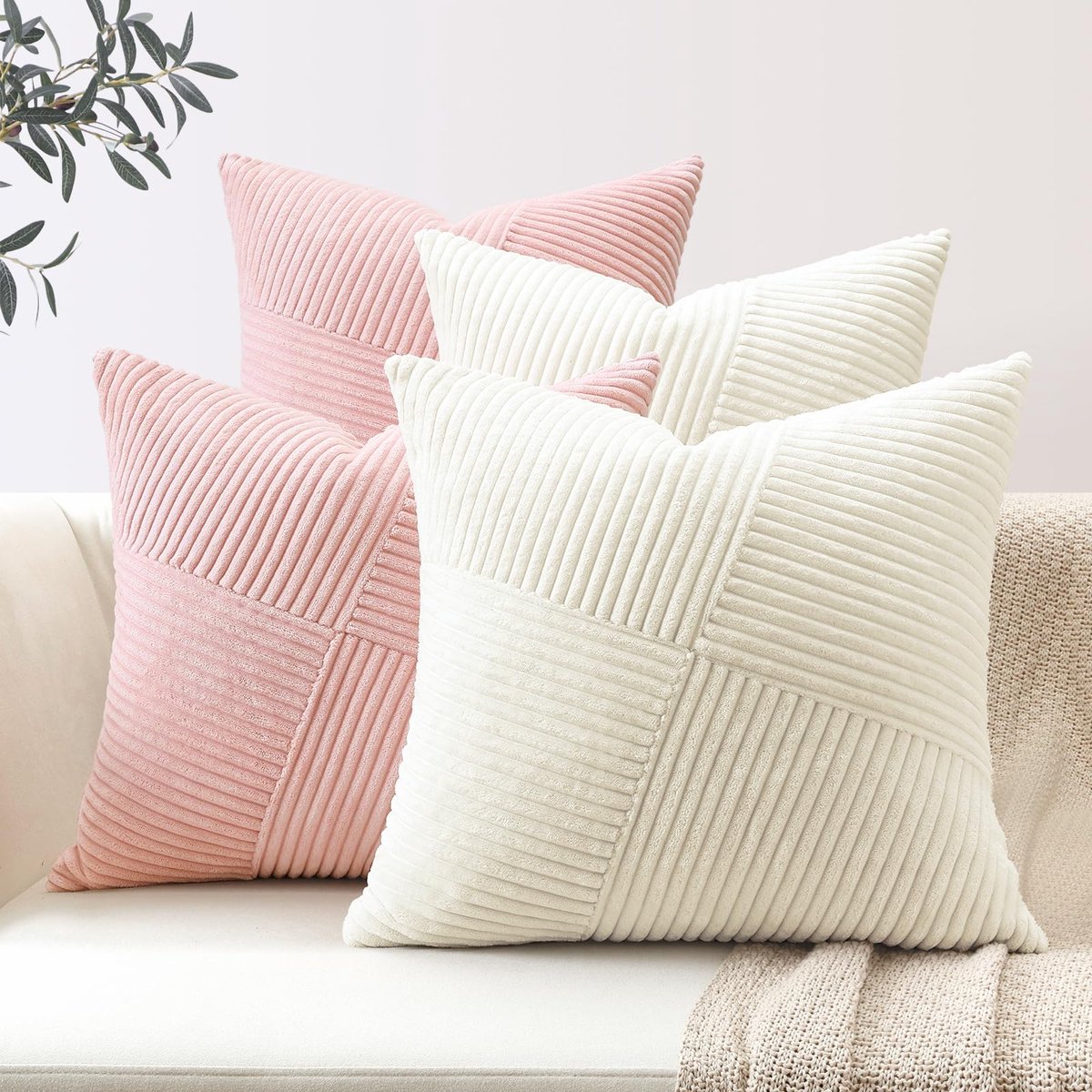 Azomor® Set van vier decoratieve kussenhoezen met gestreepte corduroy textuur