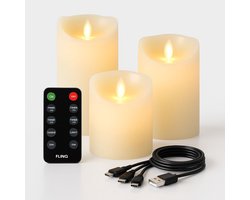 FlinQ Oplaadbare LED Kaarsen met Bewegende Vlam - Inclusief Afstandsbediening met Timer en Dimfunctie - Nep Kaarsen met Flikkerende Vlam - Dinerkaarsen Oplaadbaar - 3 stuks