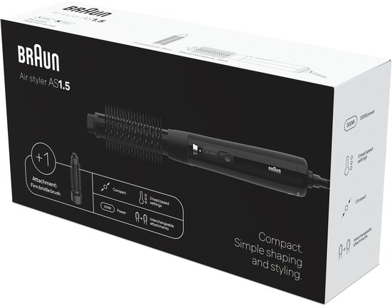 Doos van de Braun Air styler AS1.5 met afbeelding van de stijltangborstel, opzetstukken en kenmerken.