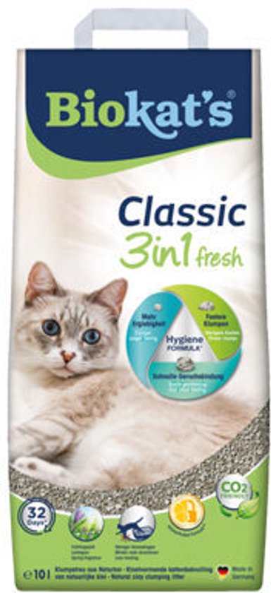 Zak Biokat's Classic 3in1 Fresh kattenbakvulling met een schone kat met blauwe ogen en de geur van lente.