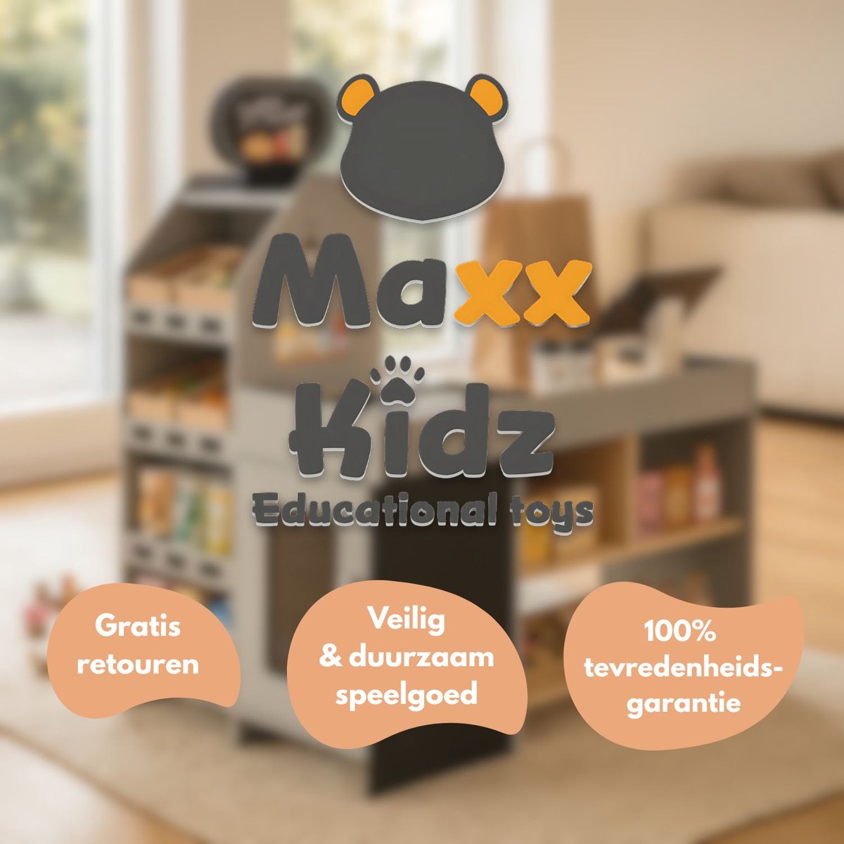 Maxx Kidz Houten Speelgoed Winkeltje – Supermarkt met 56 Accessoires – Inclusief Kassa, Groente, Fruit & Meer – Inclusief hoek – Houten Winkel vanaf 3 Jaar — afbeelding 6