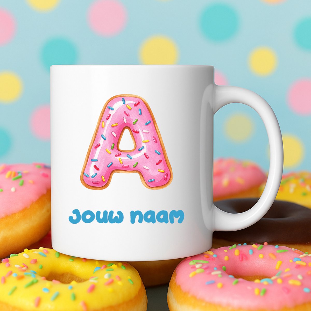 Mok - Donut letter A – Gepersonaliseerd met naam – Grappige Mokken