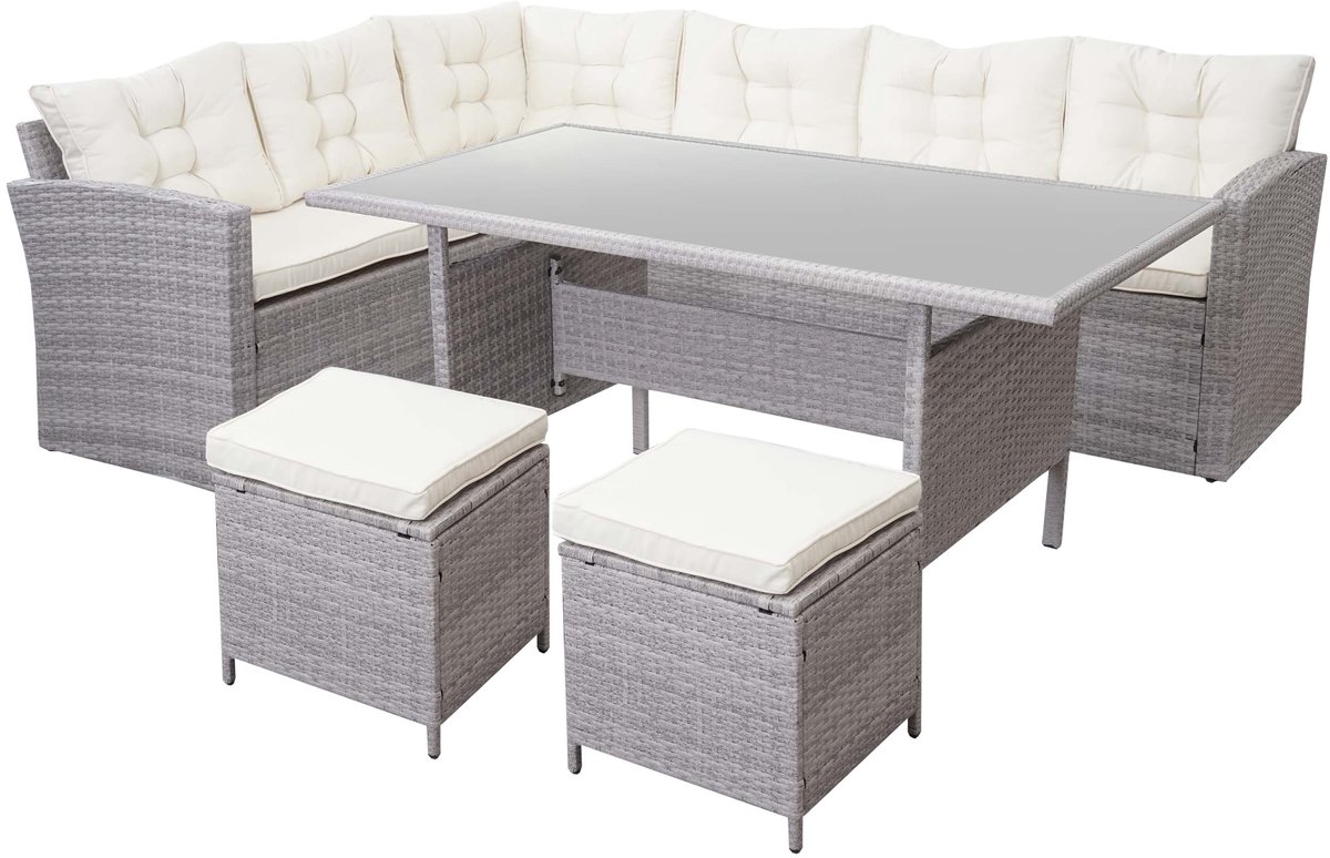 Polyrotan-set MCW-A29, tuinset zitgroep lounge-eettafel-set bank ~ lichtgrijs, kussens crème + 2x voetenbank