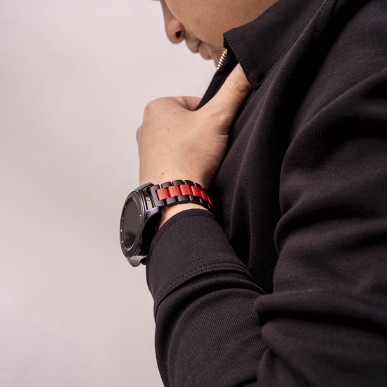 Strap-it Steel link strap 20mm - Bracelet en acier inoxydable adapté pour Samsung Galaxy Watch 42mm / Galaxy Watch 3 41mm / Galaxy Watch Active & Active2 40 & 44mm - Amazfit GTS / Bip - Polar Ignite / Unite - Zwart/ rouge