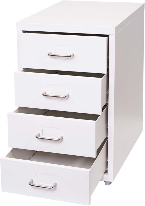 Witte metalen archiefkast met 4 laden, waarvan er 3 openstaan. Gemonteerd op wieltjes.