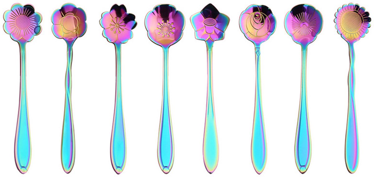 Cuhostki 8Pcs Colorful Flower Design Stainless Steel Stirring Spoon Set