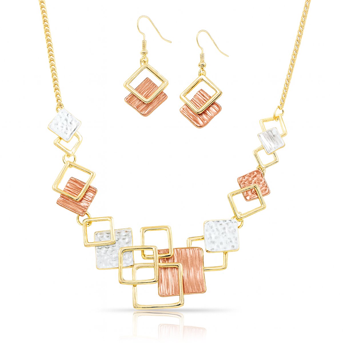 Dames sieradenset rood blauw goud – Ketting en oorbellen – Milieuvriendelijke legering – Vierkante schakels en opengewerkt design