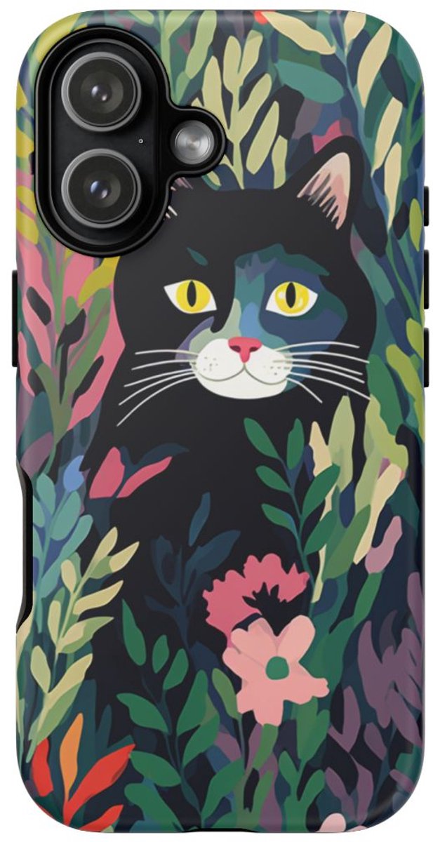 Zwarte Kat Tussen Kleurrijke Bloemen – Telefoonhoesje Geschikt voor iPhone 17